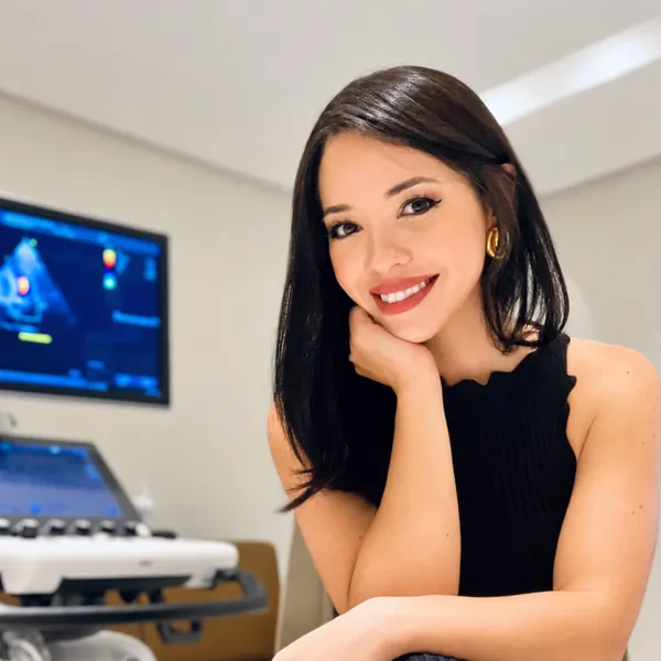 Retrato da Dra. Alinne Barbosa na sala de ecocardiograma