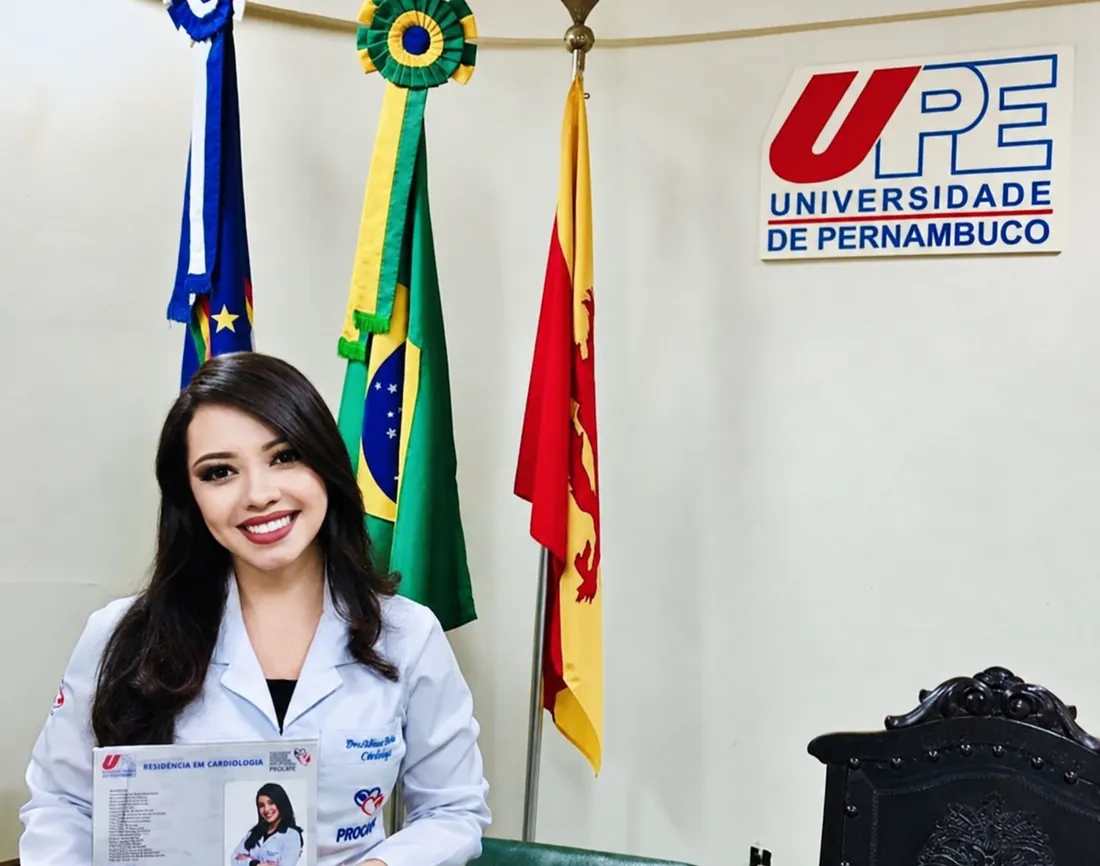 Dra. Alinne Barbosa segurando a placa de conclusão da Residência em Cardiologia na Universidade de Pernambuco